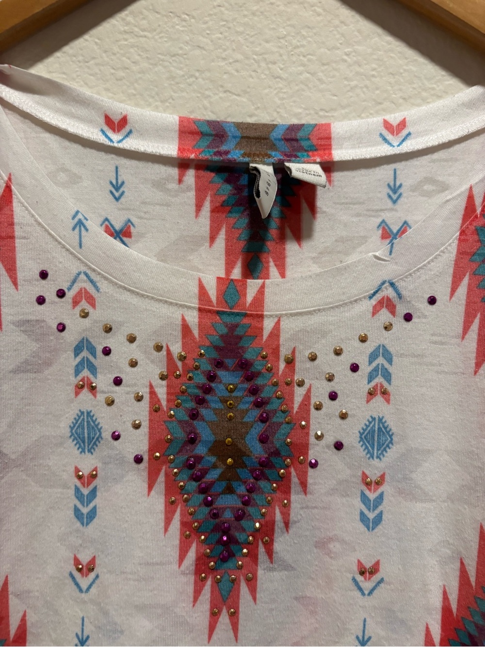EST 1946 Sleeveless Aztec Print Tank Top - White with Teal & Coral Embellished - Picture 2 of 4